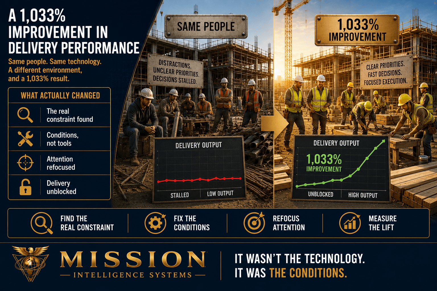 A delivery-output chart rocketing from a stalled flat line to a 1,033 percent peak while the same crew works in a cleared environment, showing that changing conditions, not technology, drove the improvement.