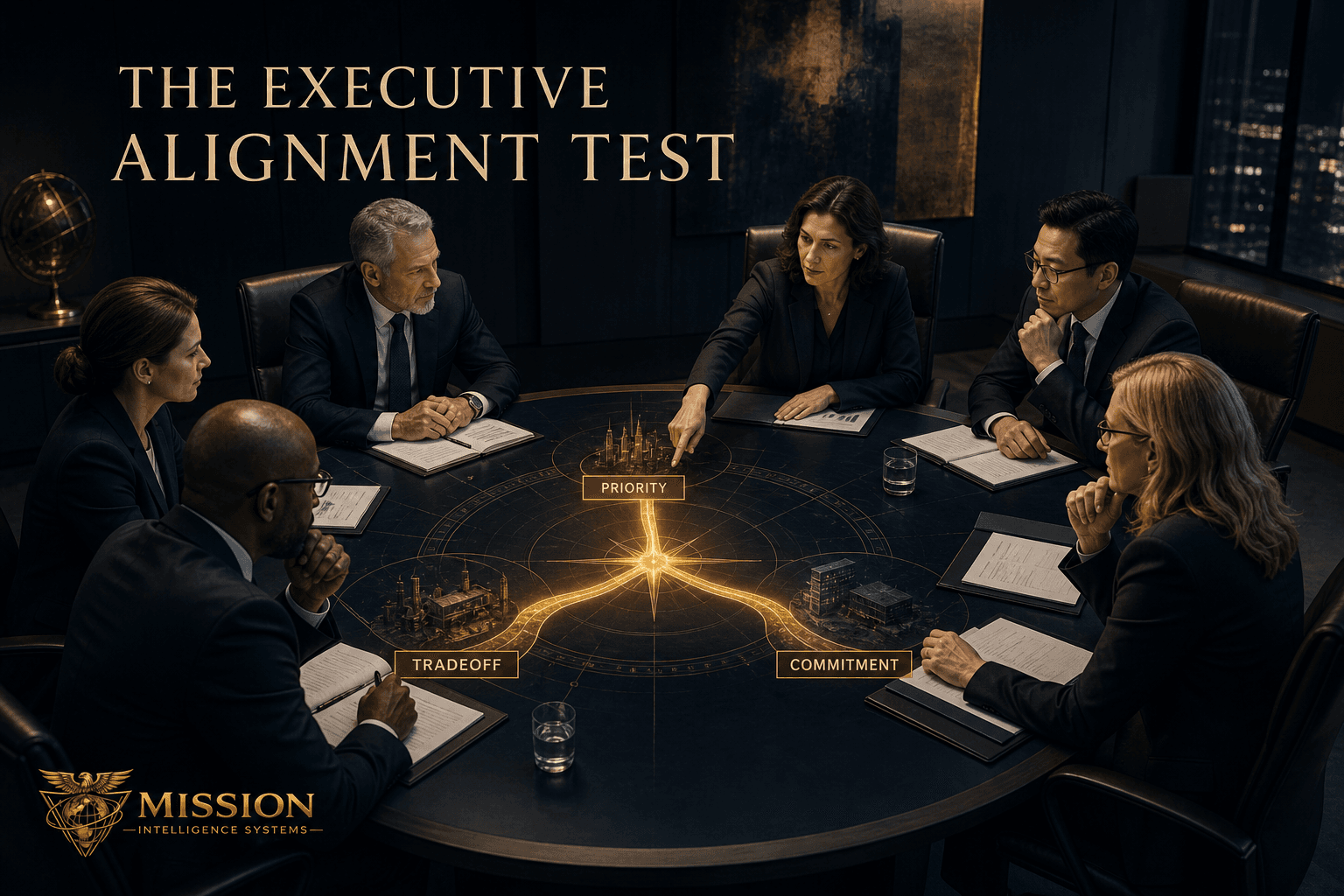 Six executives gather around an illuminated strategic compass linking priority, tradeoff, and commitment.