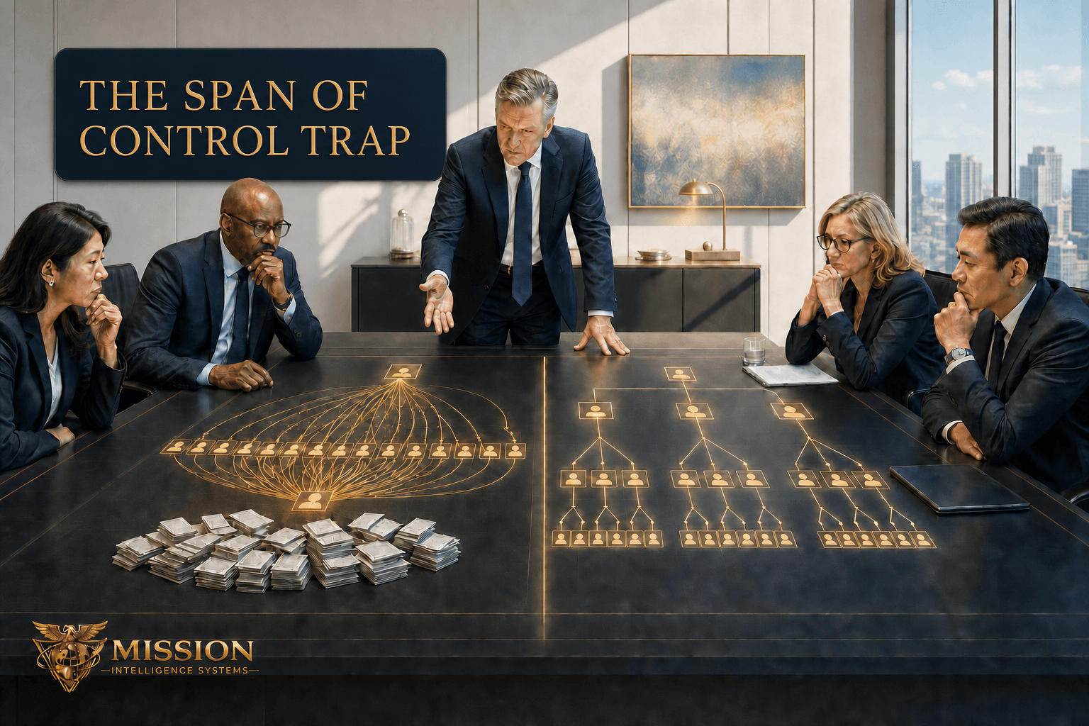 An executive studies two organizational structures, one overloaded and one designed around the complexity of the work.