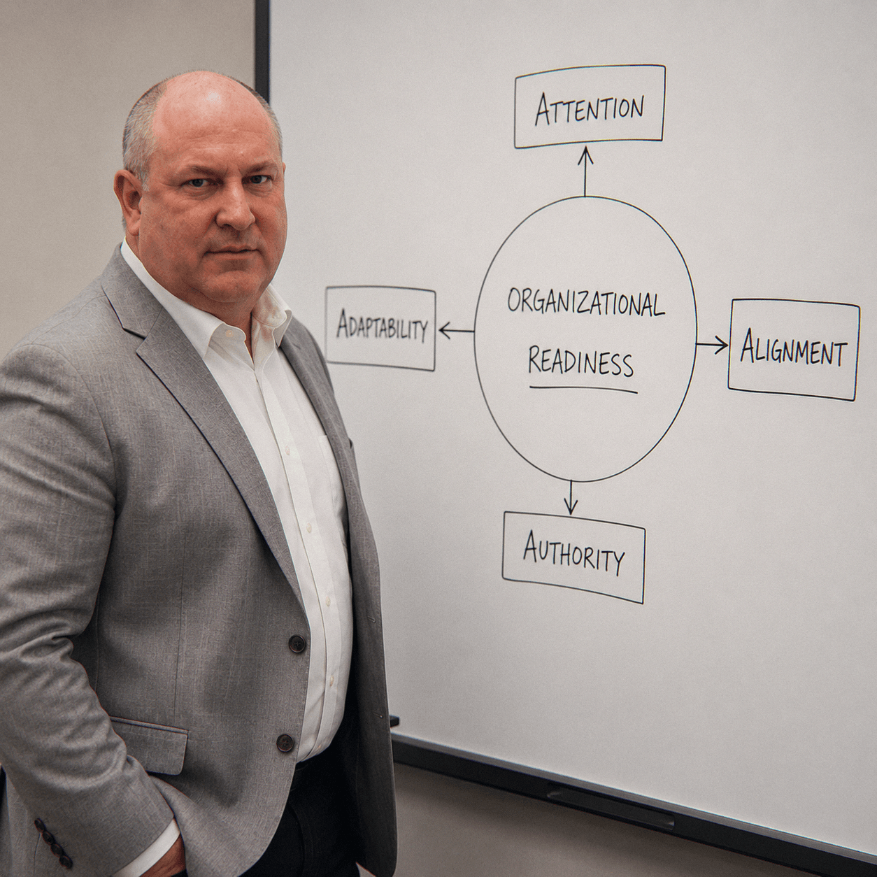 Dan Flynn beside a whiteboard of the Four A's of Organizational Readiness