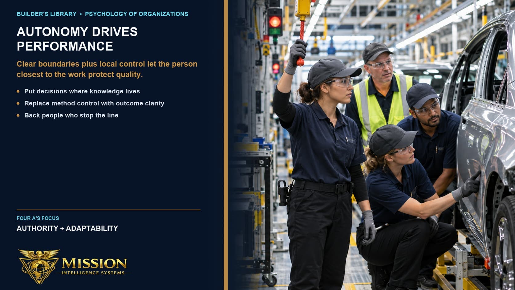 An automotive worker closest to a visible defect pulls the andon cord while the supervisor and support team immediately back the stop.