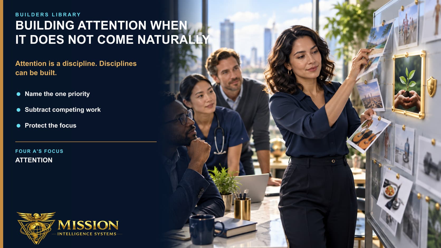 A professional deliberately removes competing work from a crowded board and protects one mission-critical priority.
