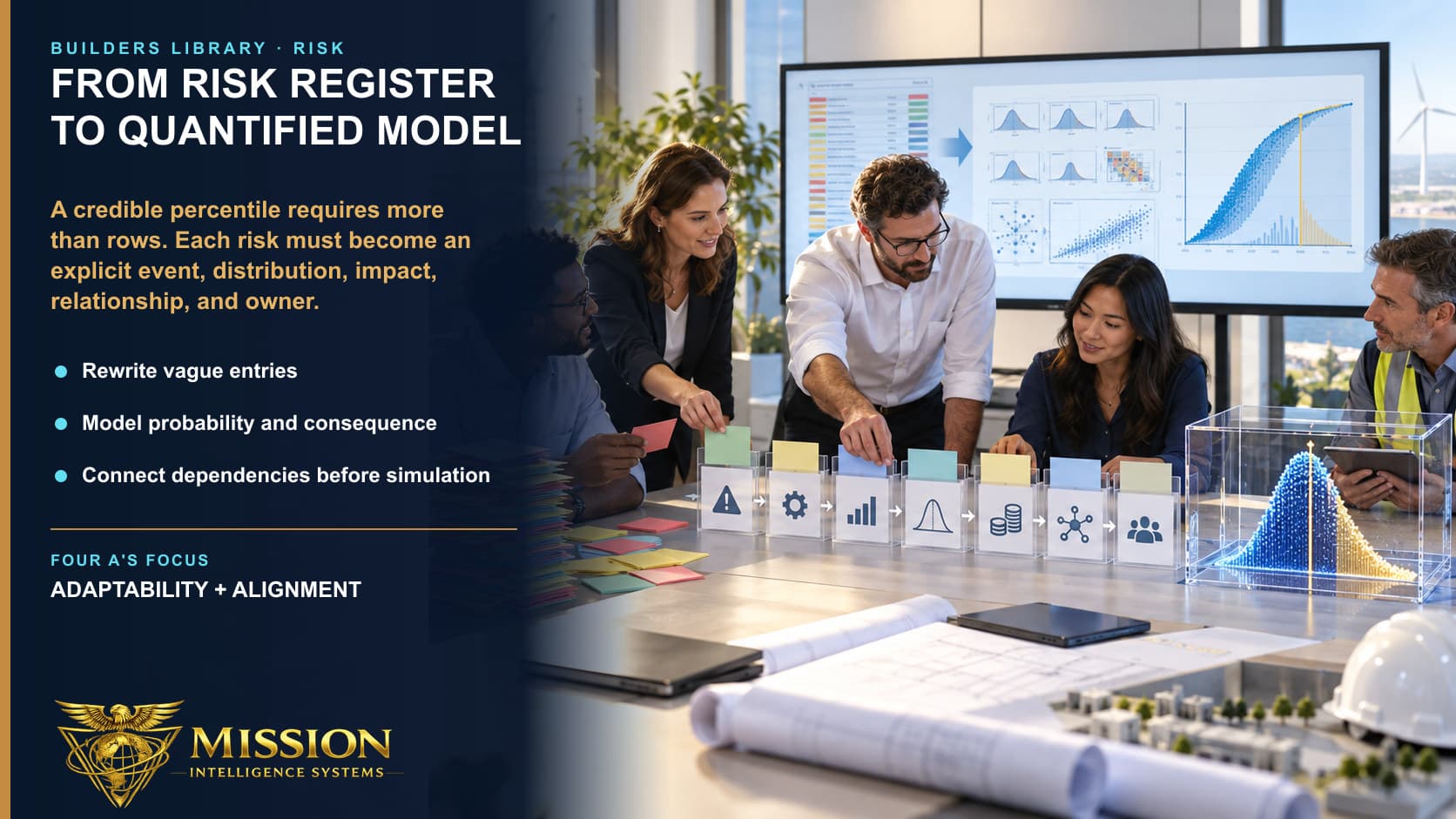 A risk team transforms vague colored register cards into explicit probability, impact, dependency, and ownership inputs for a quantified model.