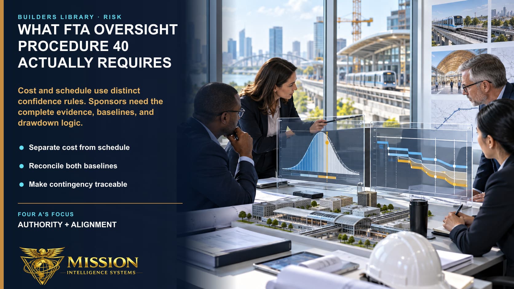 A transit project sponsor and oversight team review distinct cost confidence and schedule contingency models beside a major station program.