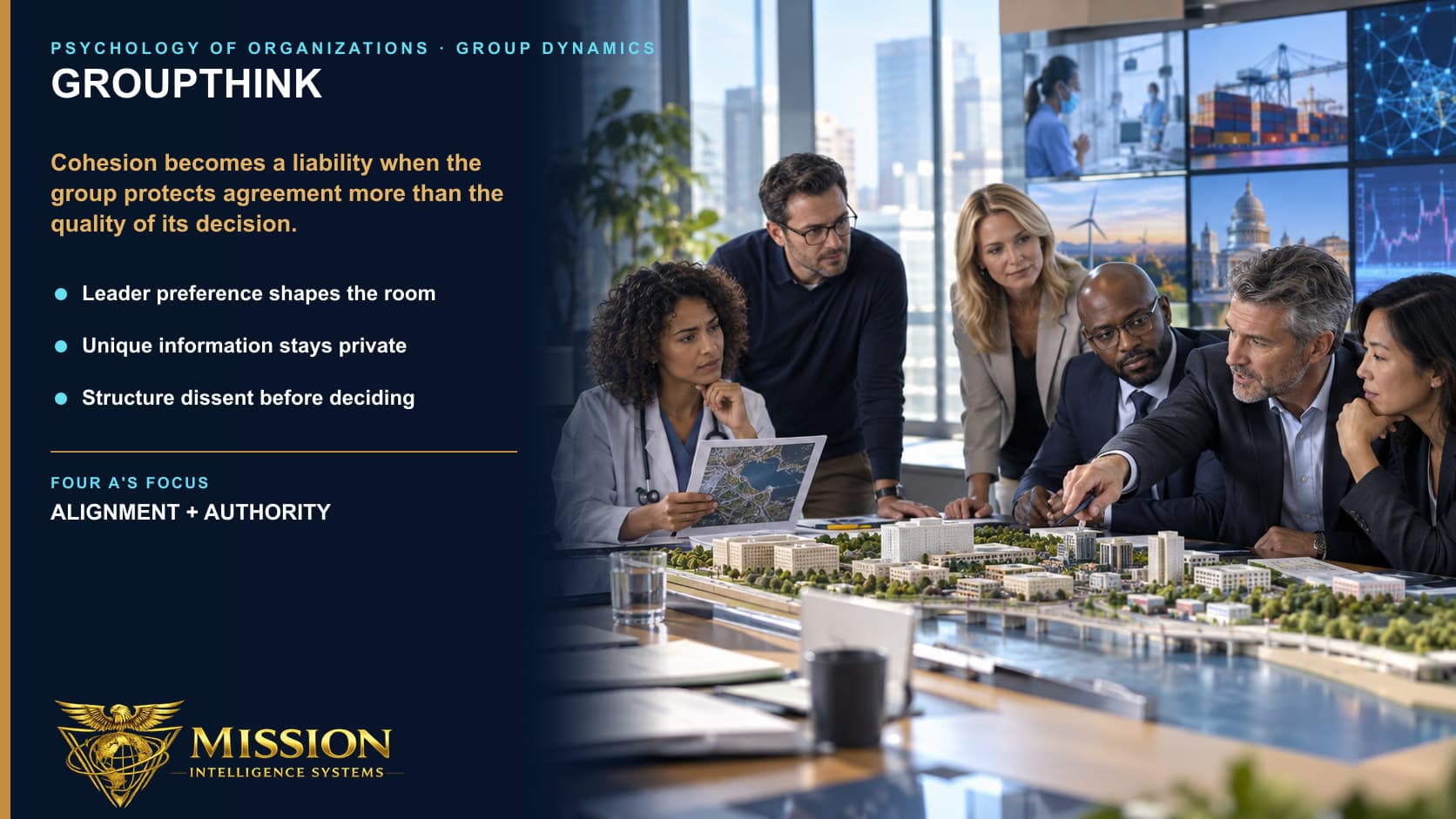 A capable cross-industry leadership team converges on one favored decision while a member holds distinct evidence that has not entered the discussion.