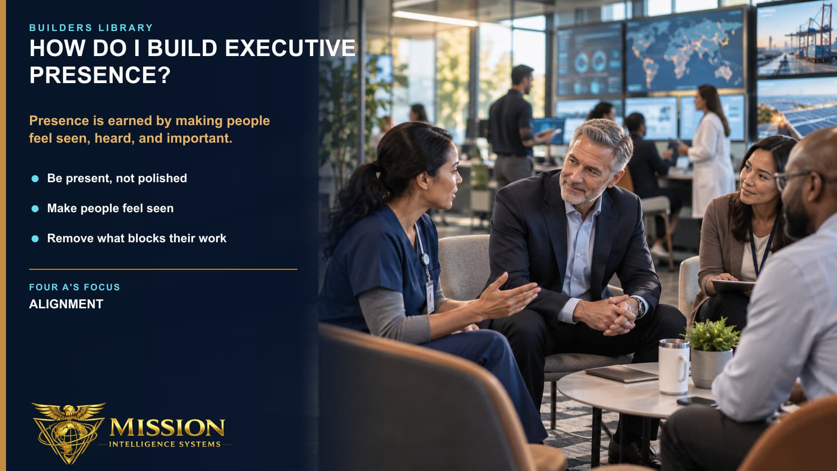 A senior leader listens at eye level as a frontline professional speaks and the surrounding team gives the conversation its full attention.