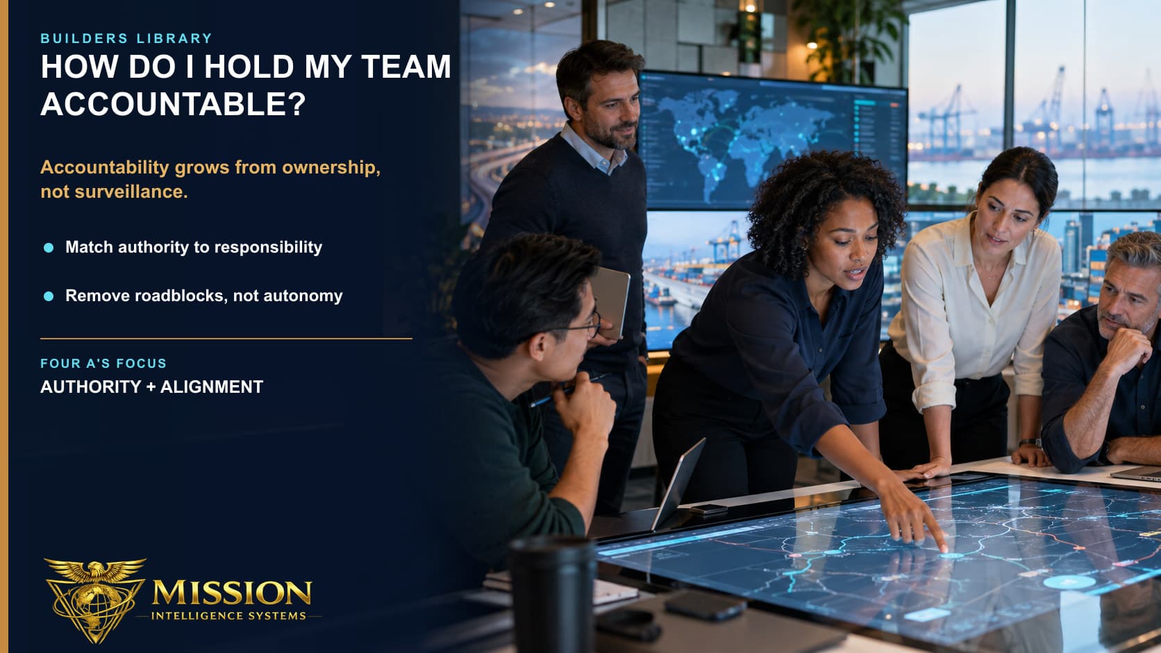 A team owns and corrects a shared outcome on an operations surface while its leader stands back rather than policing the work.