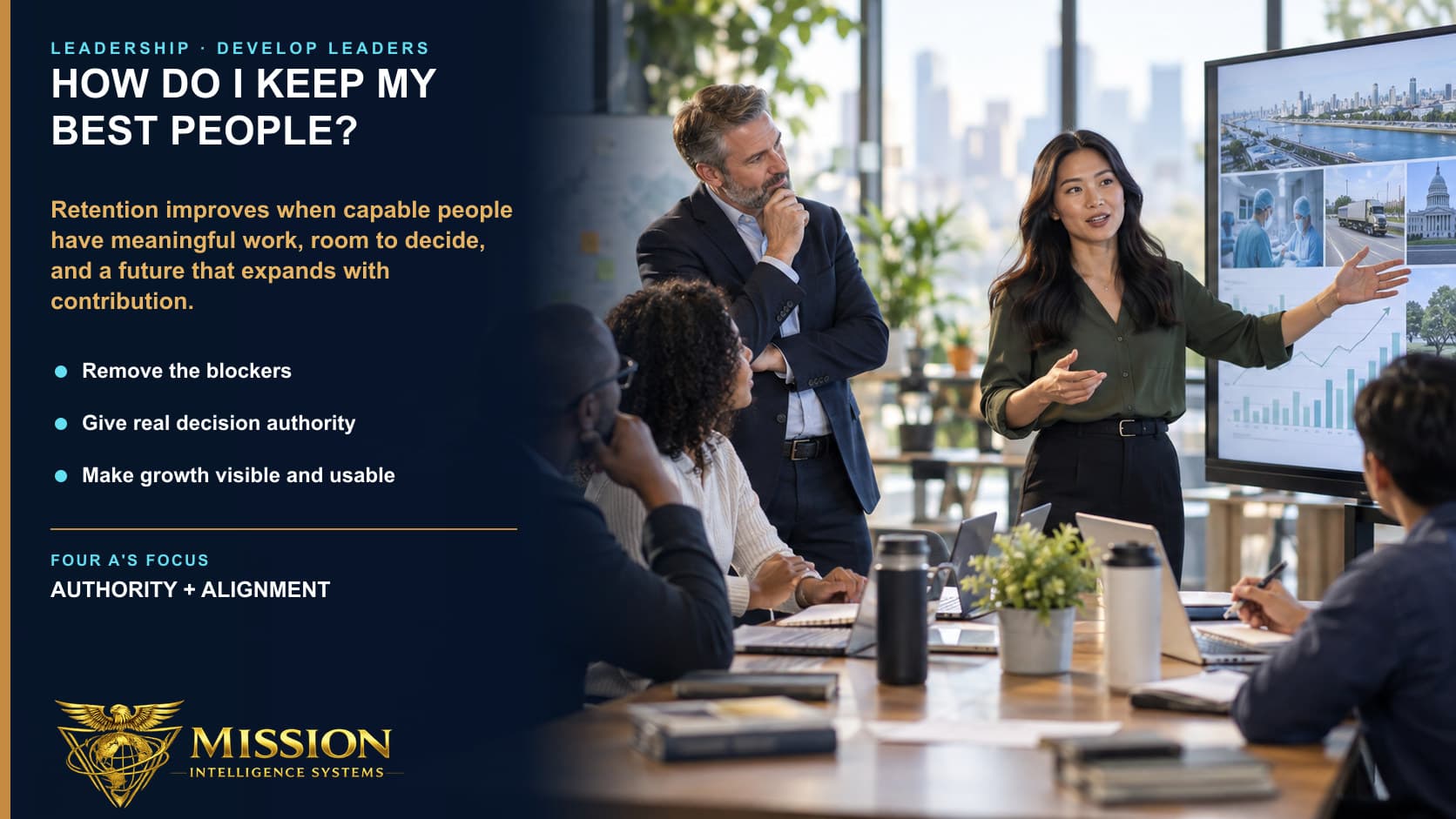 A capable employee leads a consequential cross-industry discussion while her leader creates room for her judgment, authority, and growth.