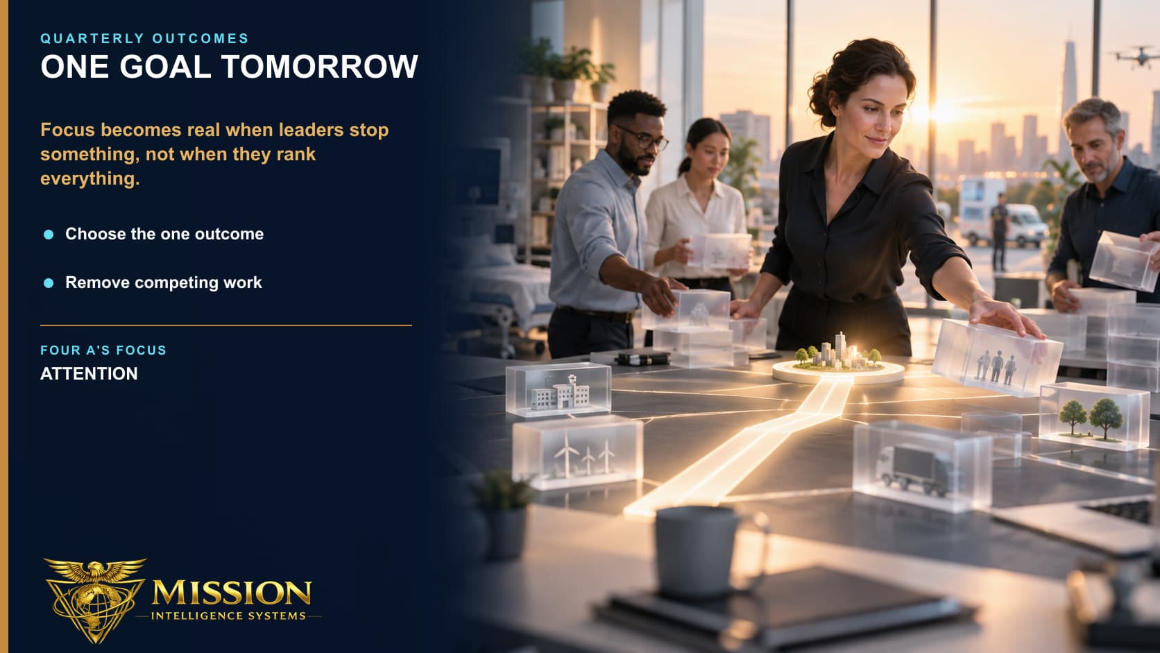 A team removes competing work modules and leaves one clear route toward the outcome that matters tomorrow.