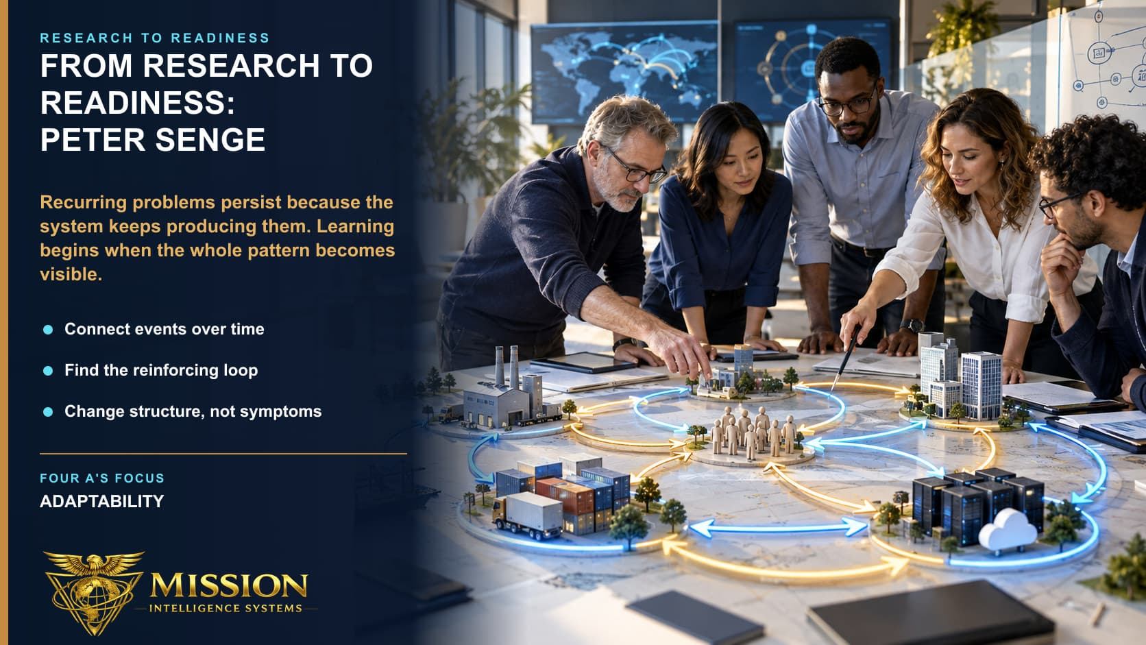 A multidisciplinary team studies feedback loops connecting customers, workforce, technology, and supply rather than patching one recurring symptom.