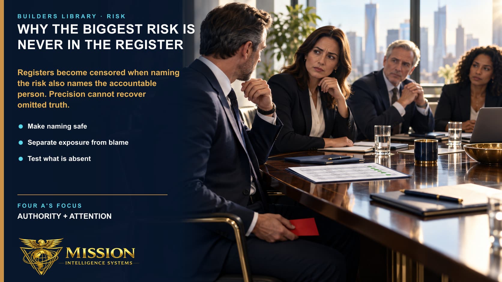 An executive quietly withholds a consequential risk card while colleagues notice that the visible register contains only safer concerns.