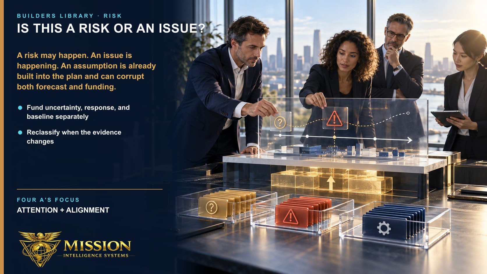 A delivery team separates a future uncertain event, an active disruption, and a hidden assumption so each can receive the right funding and response.