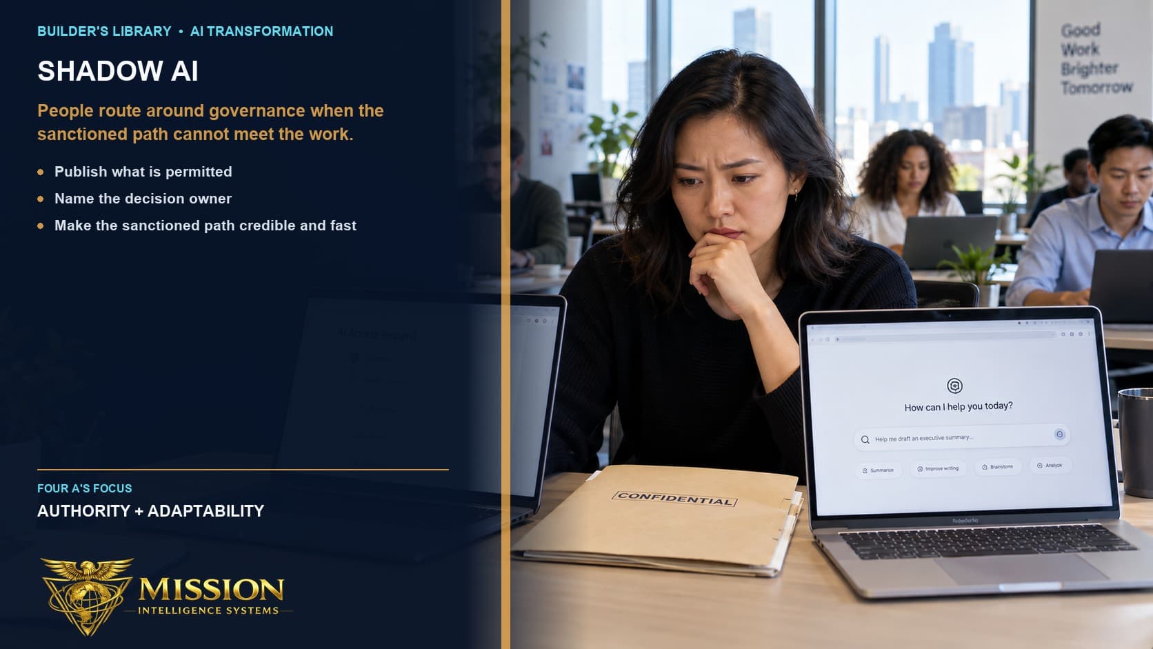 An employee faces a stalled multi-stage request for sanctioned AI access beside a readily available consumer AI tool and confidential work material.