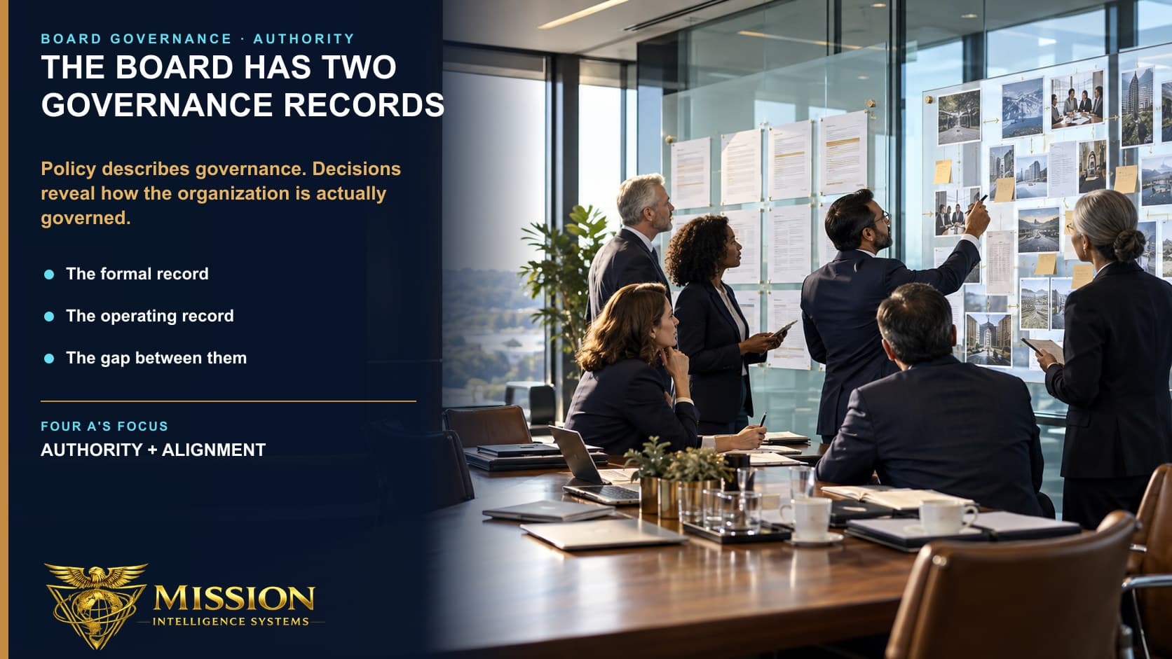 Directors compare the formal governance record with a visual trail of actual decisions, exceptions, and follow-through.