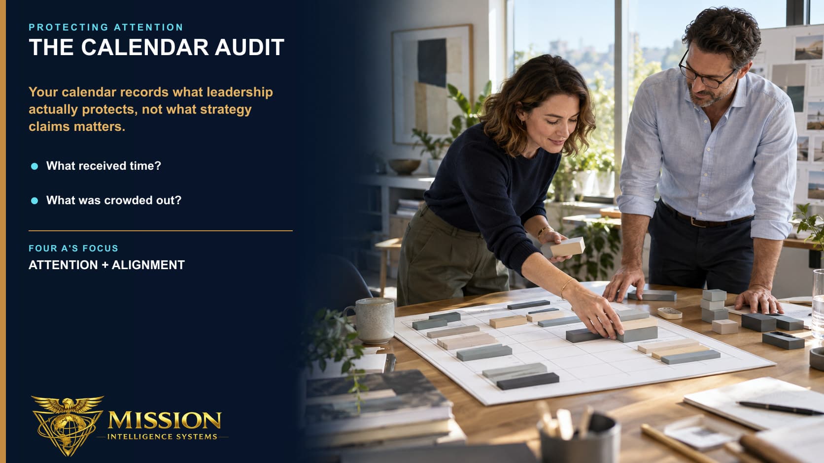Two leaders rearrange an evidence-based weekly time grid to expose what received attention and what strategic work was crowded out.
