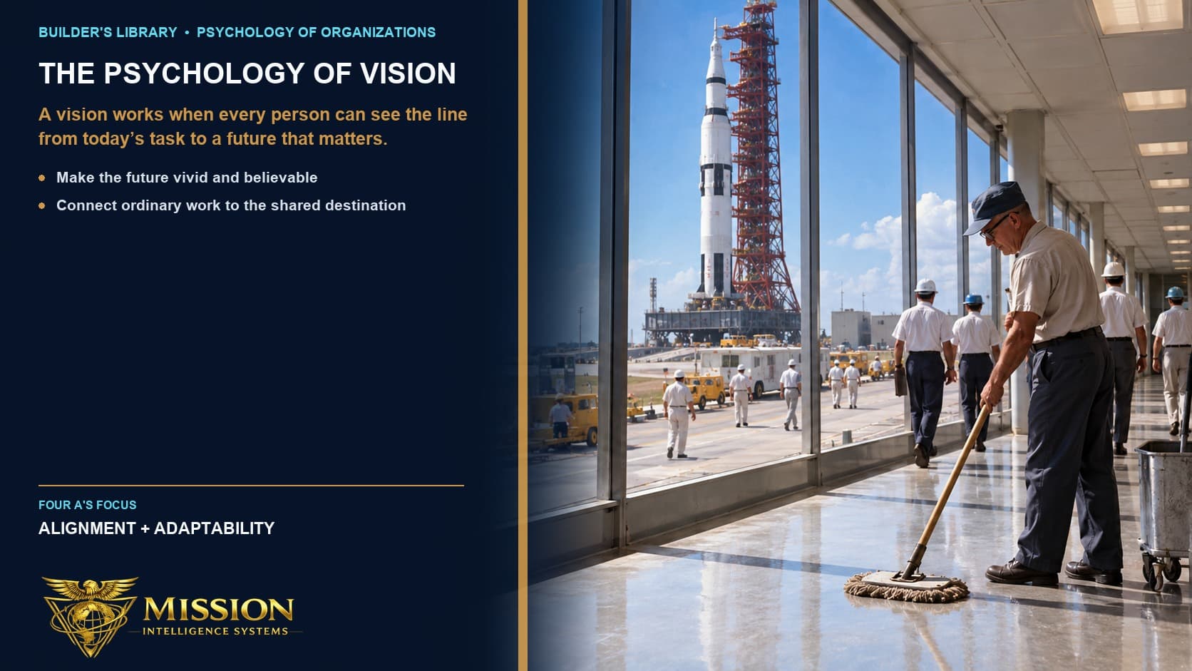 A 1960s NASA maintenance worker keeps an operations corridor ready while the Saturn V and mission teams outside make the shared destination visible.