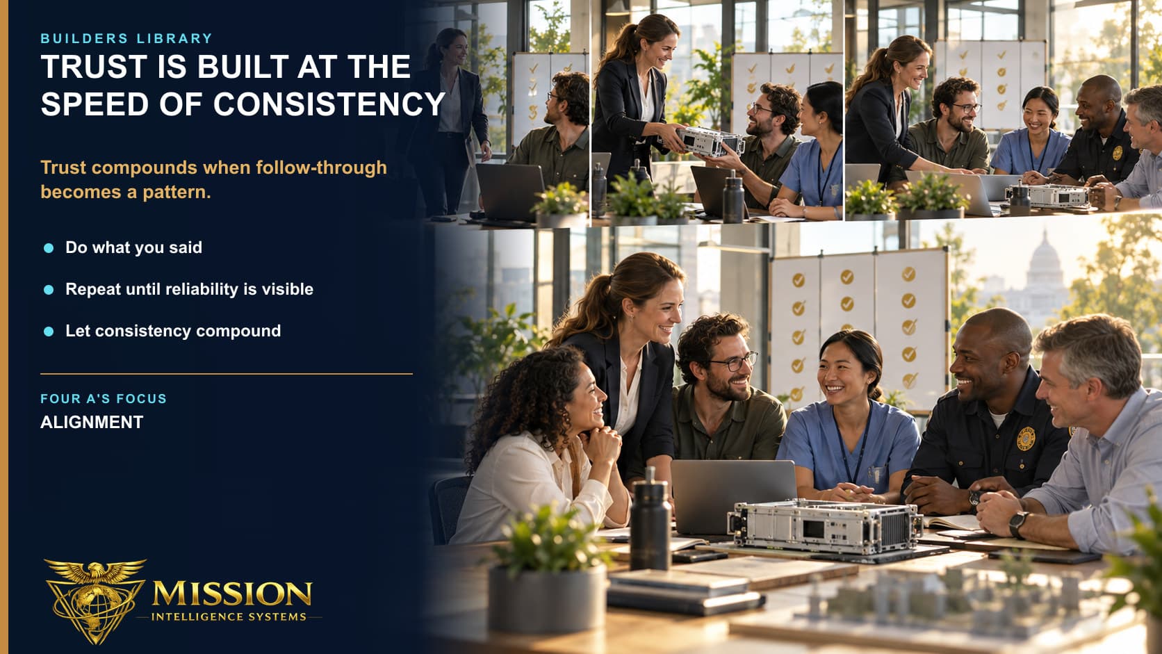 A leader repeatedly follows through on commitments as a cross-industry team sees a reliable pattern of completed handoffs take shape.