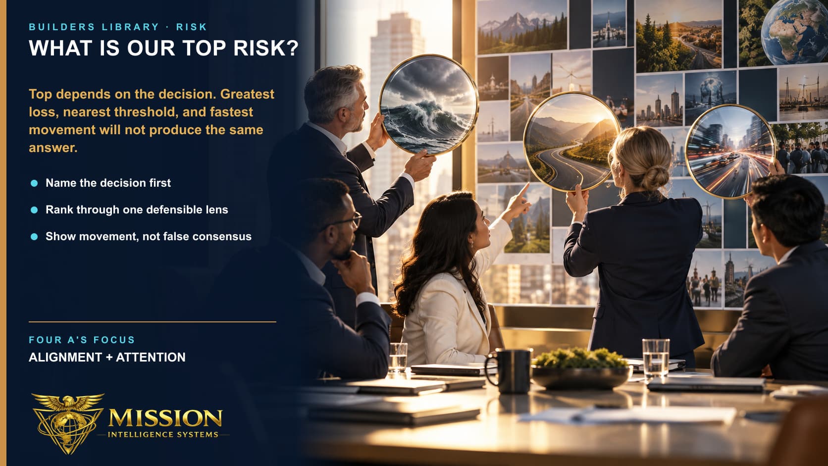 A leadership team uses three different lenses to reveal different priority views of the same portfolio rather than forcing one universal ranking.