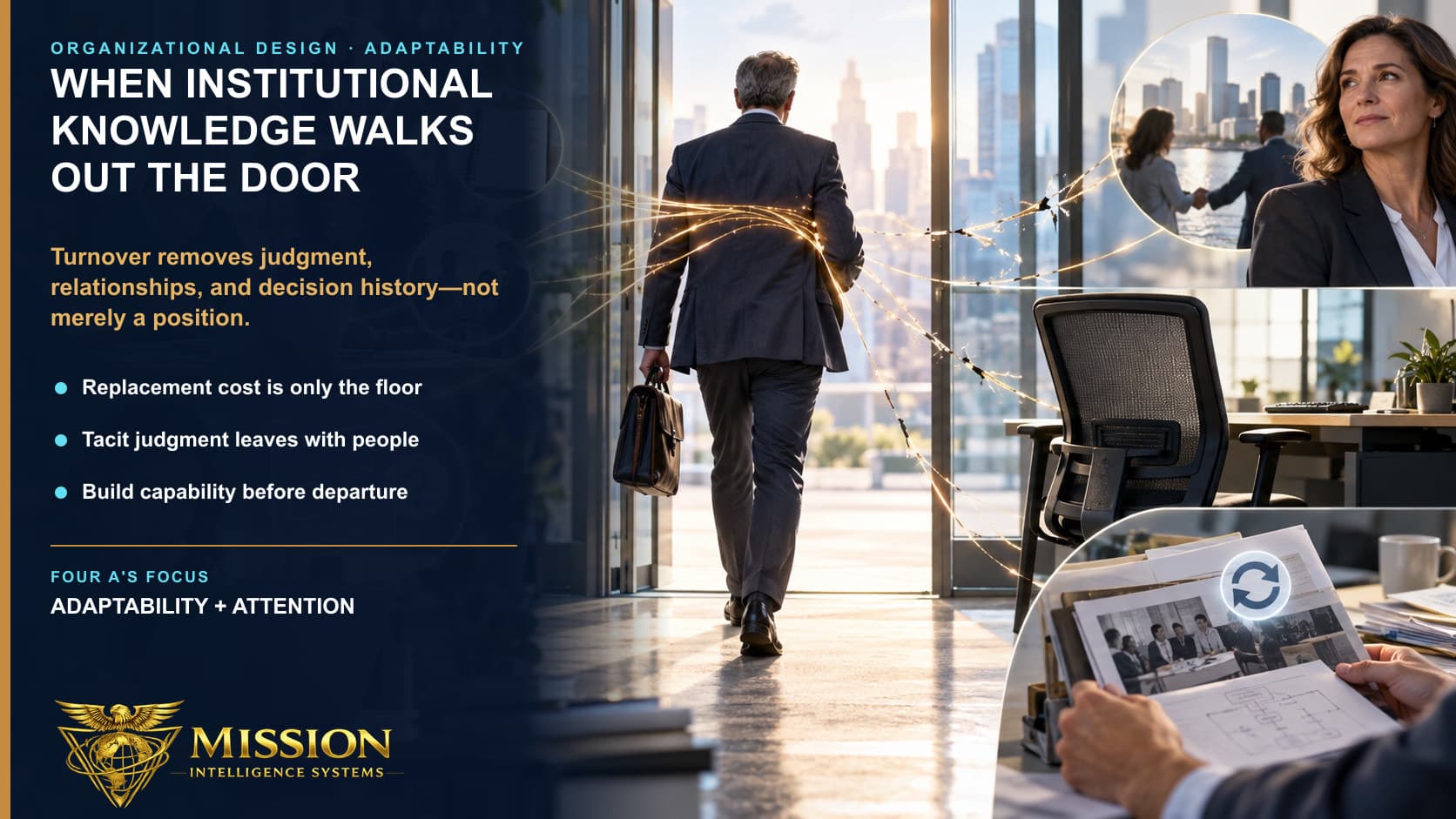 An experienced professional leaves as the network of relationships, decision history, and tacit knowledge connected to the organization begins to break.