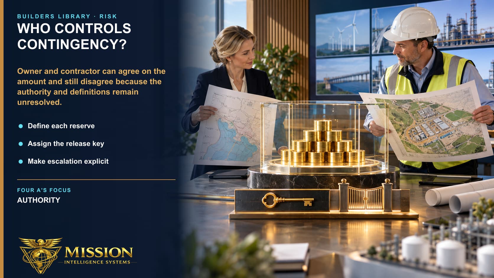 An owner representative and contractor reconcile different reserve maps around one protected contingency fund, release key, and governance gate.