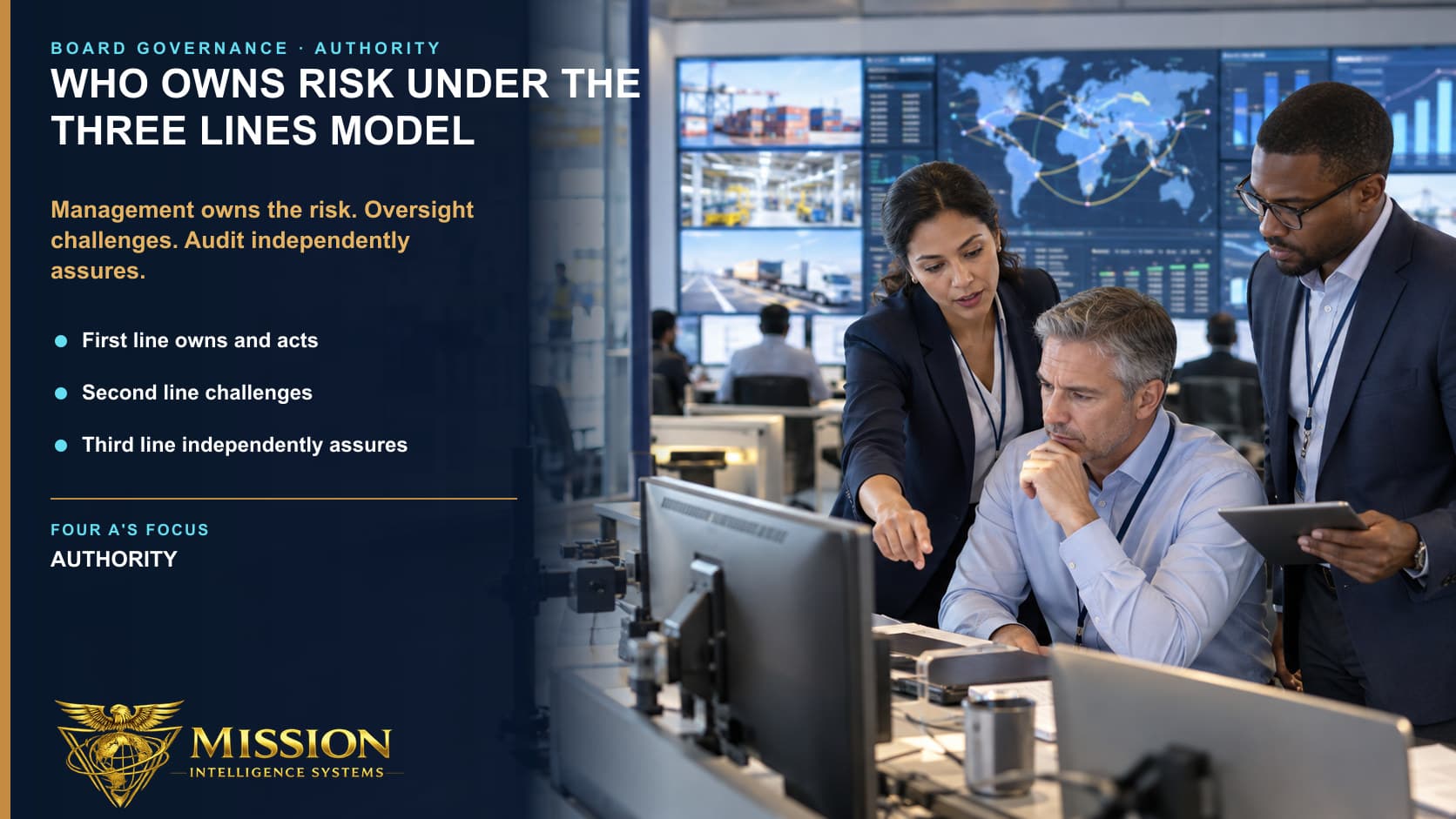 Operations, risk, and assurance professionals examine one material exposure together while accountability remains anchored with the operating leader.