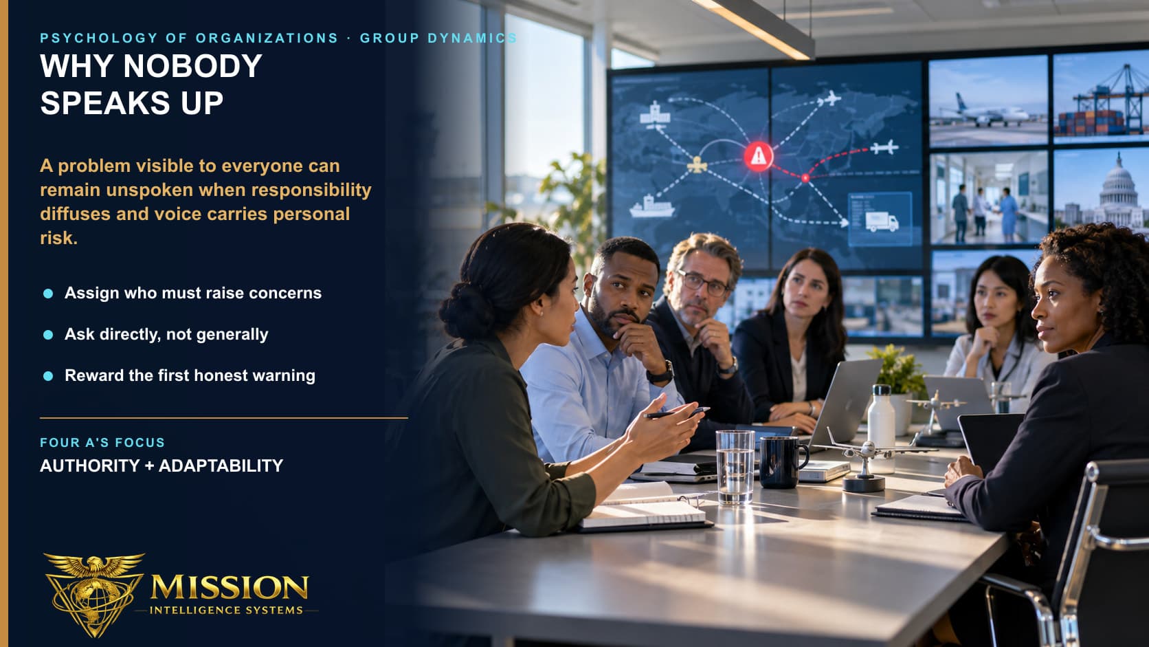 A cross-industry team sees the same operational warning while a junior professional begins to name the concern and the room turns to listen.