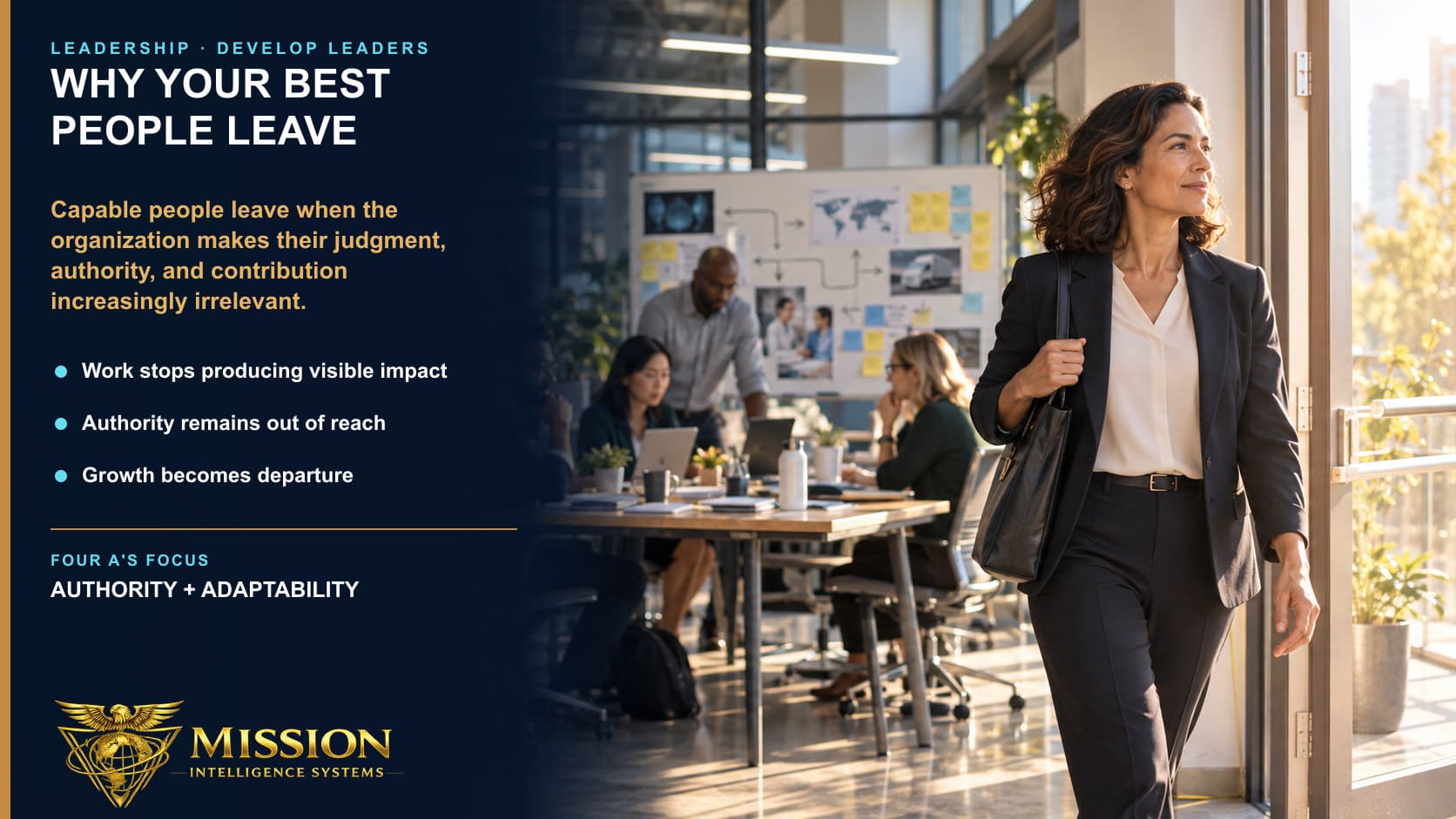 A capable professional leaves a bright cross-industry workplace after stalled decisions have made her judgment and contribution increasingly difficult to use.