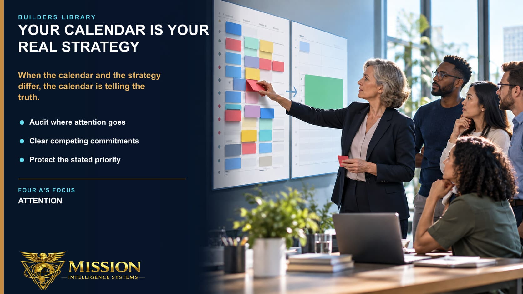 A leader clears fragmented commitments from a visual schedule and protects one substantial block for the stated mission priority.