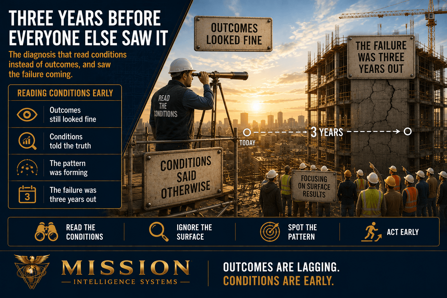 A leader on a scaffold sighting through a telescope at a distant structure with early hairline fractures invisible to the crowd below, a three-year timeline pointing to a future failure, showing that conditions warn earlier than outcomes.
