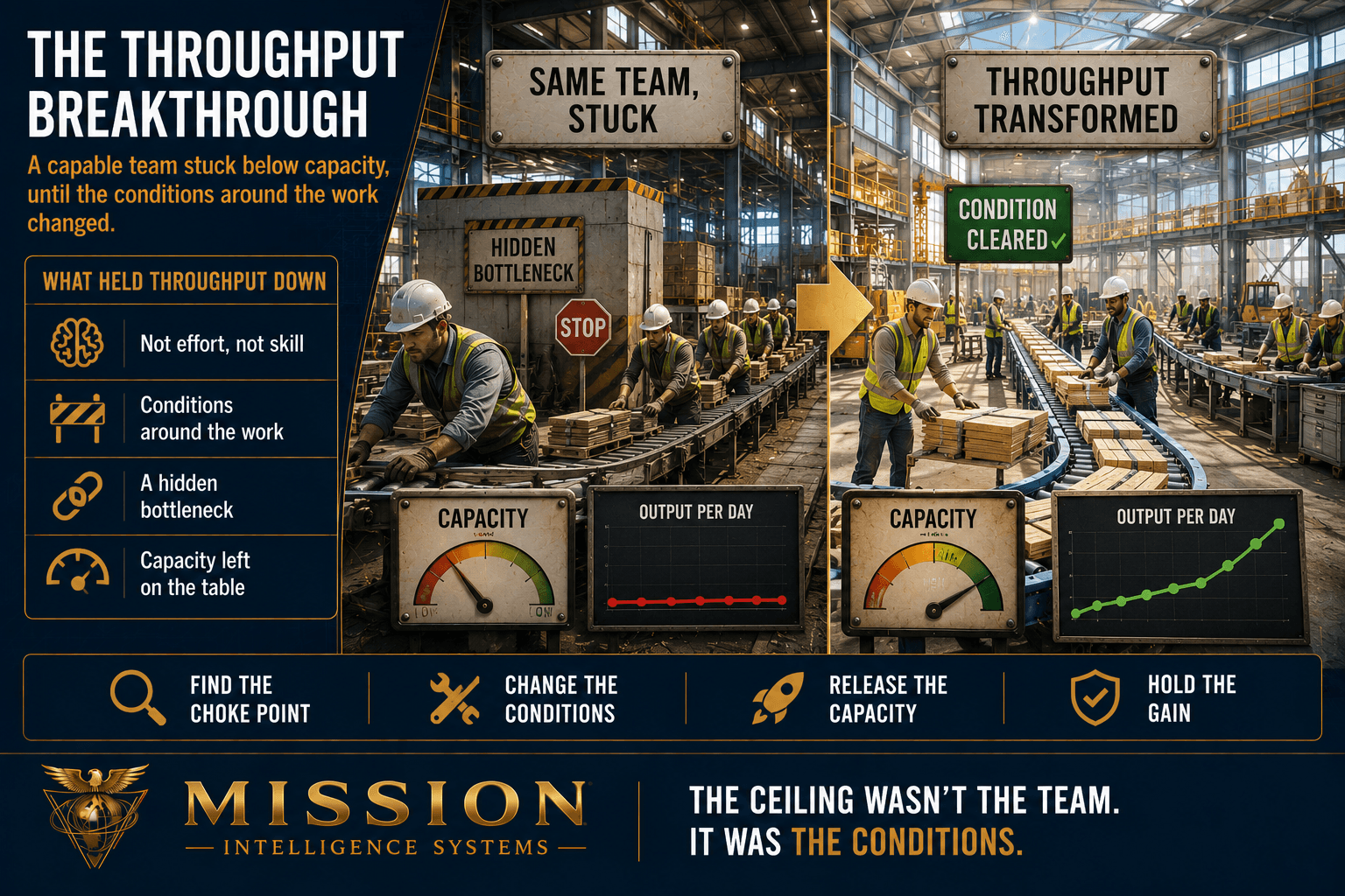 A production line constrained at one hidden bottleneck that surges to full throughput once the condition is cleared, with capacity meters jumping from low to high for the same team.