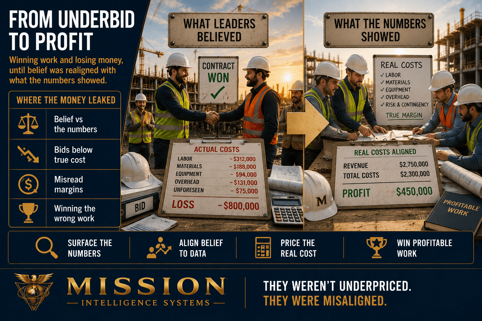 A split of what leaders believed, a won contract, versus what the numbers showed, a ledger turning from an eight-hundred-thousand-dollar loss to a profit once belief realigned with the data.