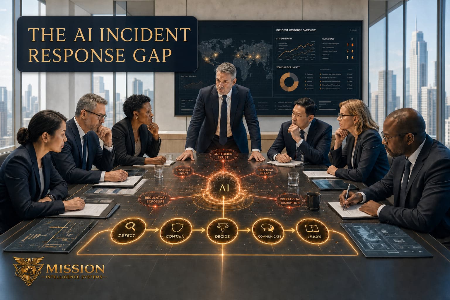 An executive response team contains a spreading AI incident using a coordinated sequence of detect, contain, decide, communicate, and learn.