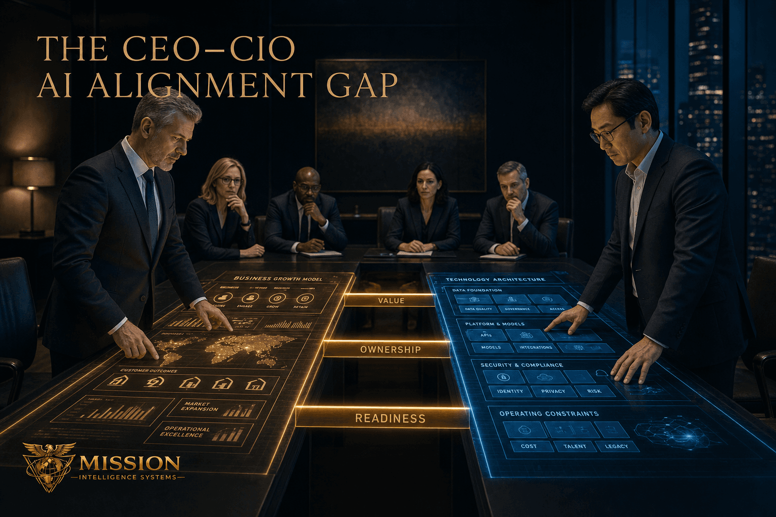 A CEO and CIO examine business and technology models connected by bridges labeled value, ownership, and readiness.