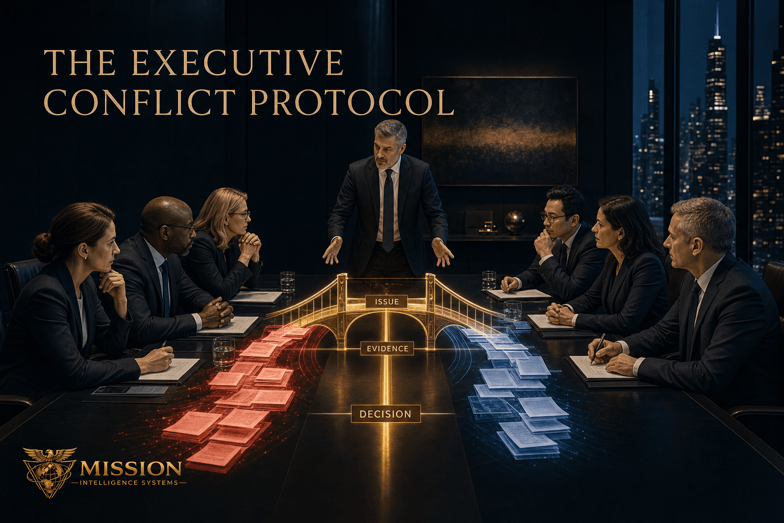 Executives on opposite sides of a boardroom table are connected by an illuminated protocol labeled issue, evidence, and decision.