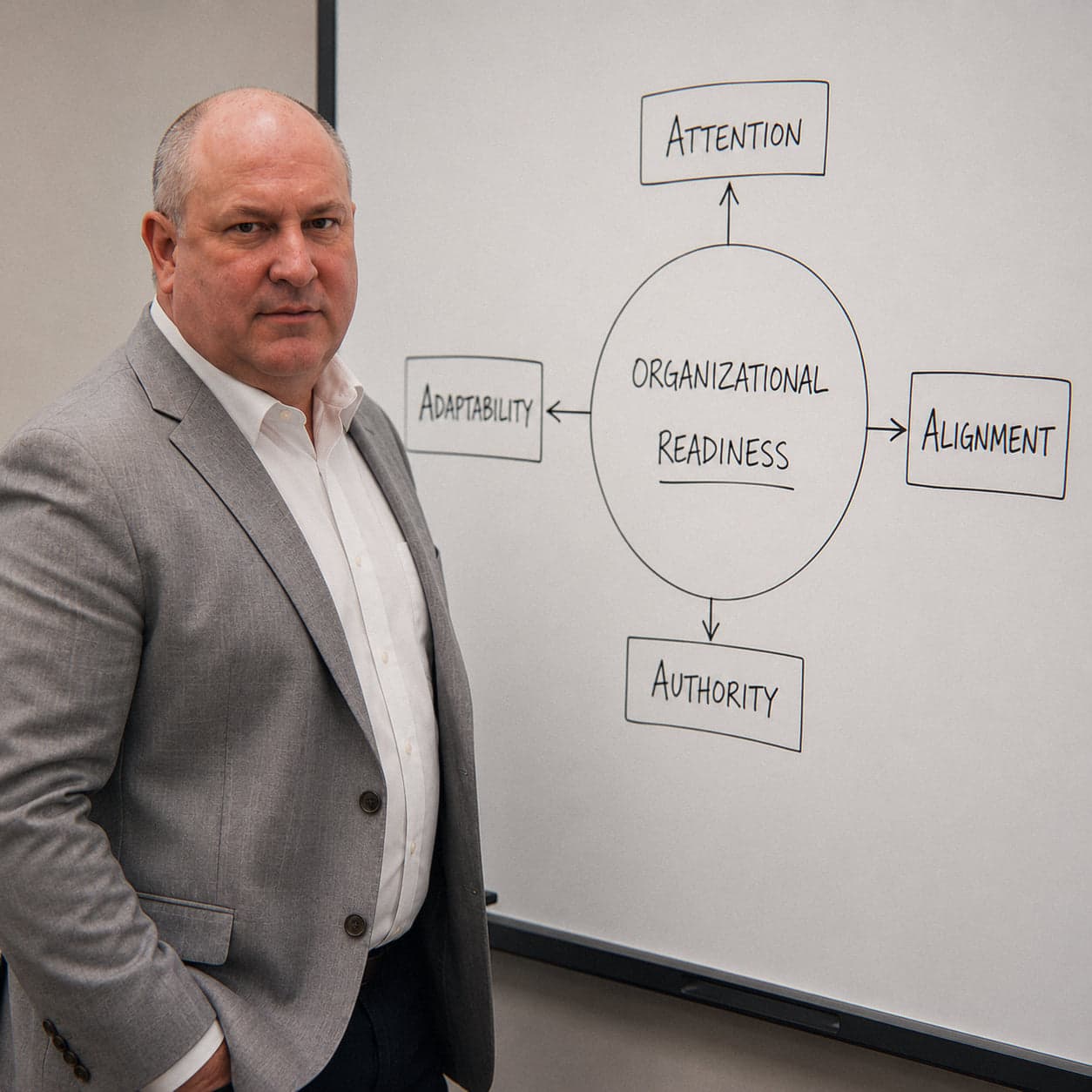 Dan Flynn beside a whiteboard of the Four A's of Organizational Readiness