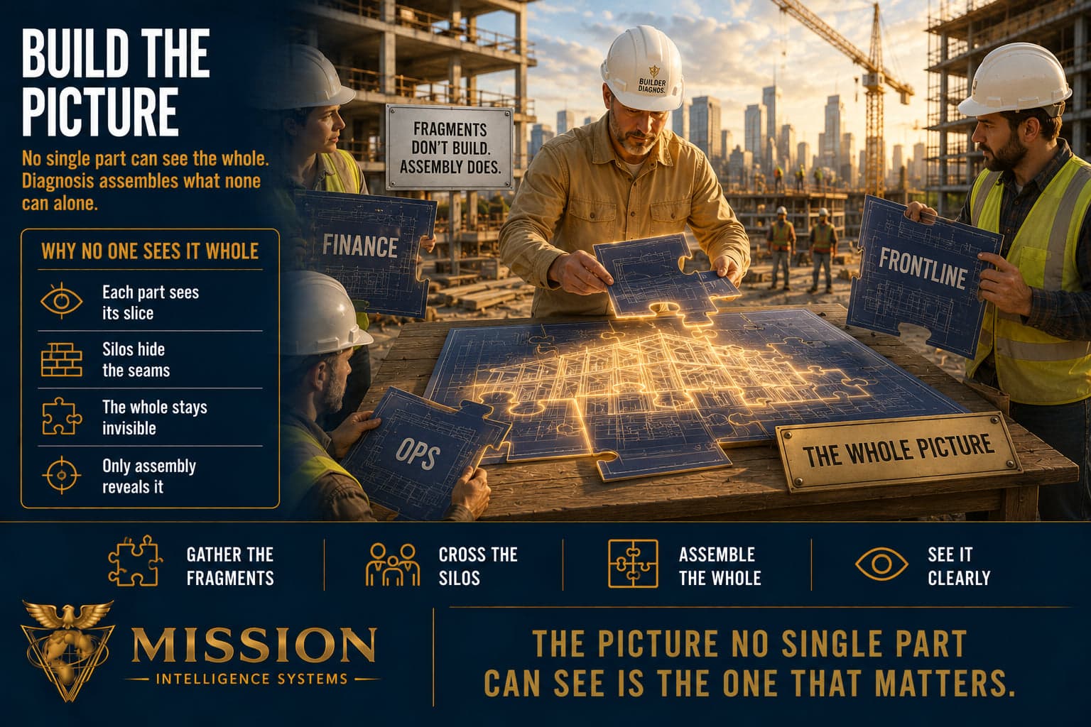 Workers assembling scattered blueprint fragments labeled finance, ops, and frontline into one whole picture, illustrating that diagnosis assembles what no single part can see alone.