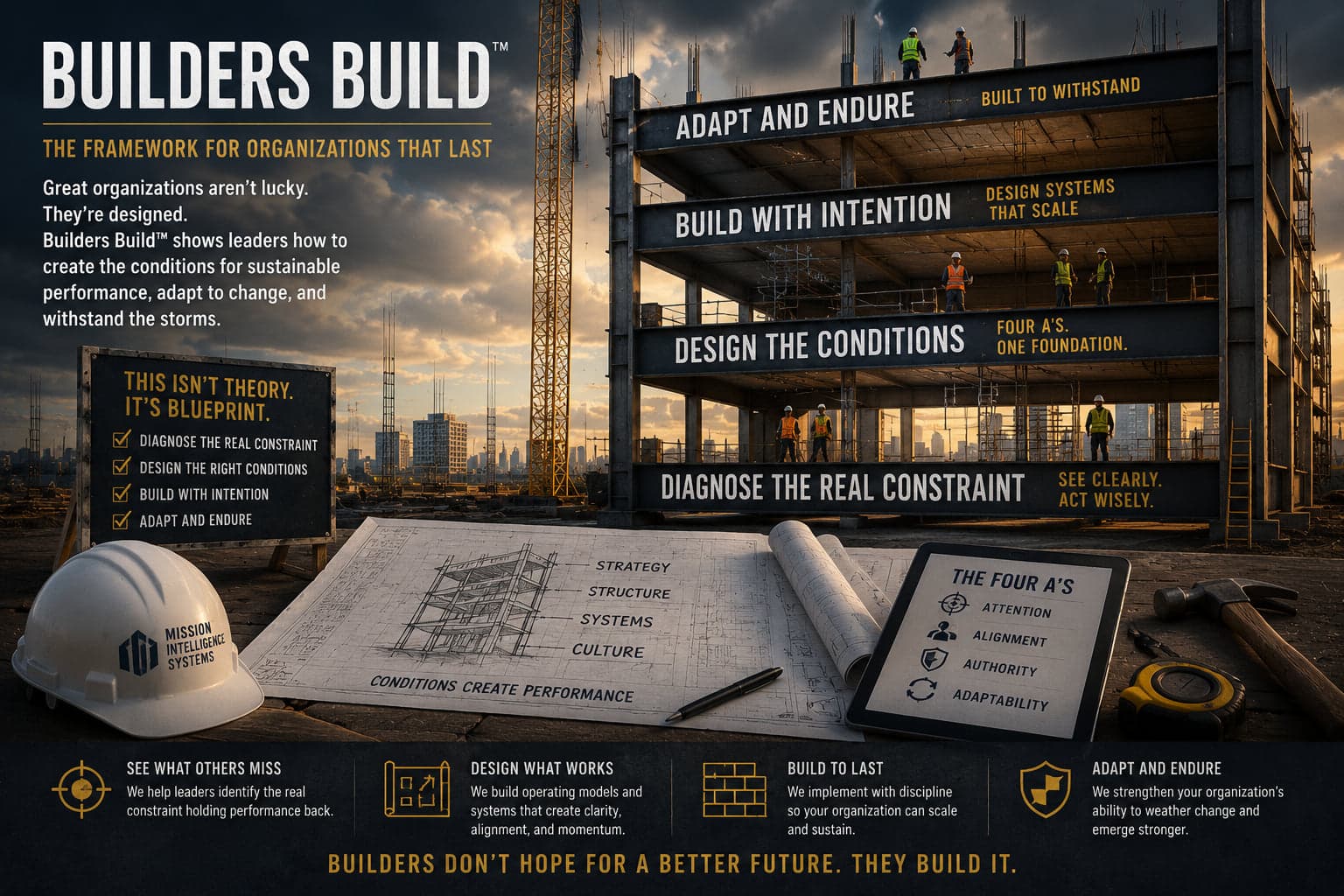 A steel building under construction labeled with the Builders Build framework tiers above a blueprint reading conditions create performance.
