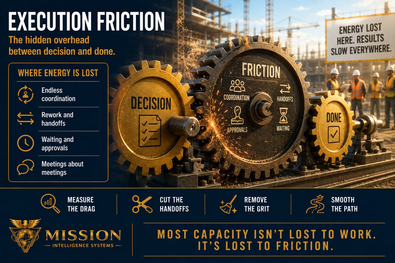 Interlocking gold gears labeled Decision, Friction, and Done shedding sparks at the mesh point, illustrating the hidden overhead between decision and done.