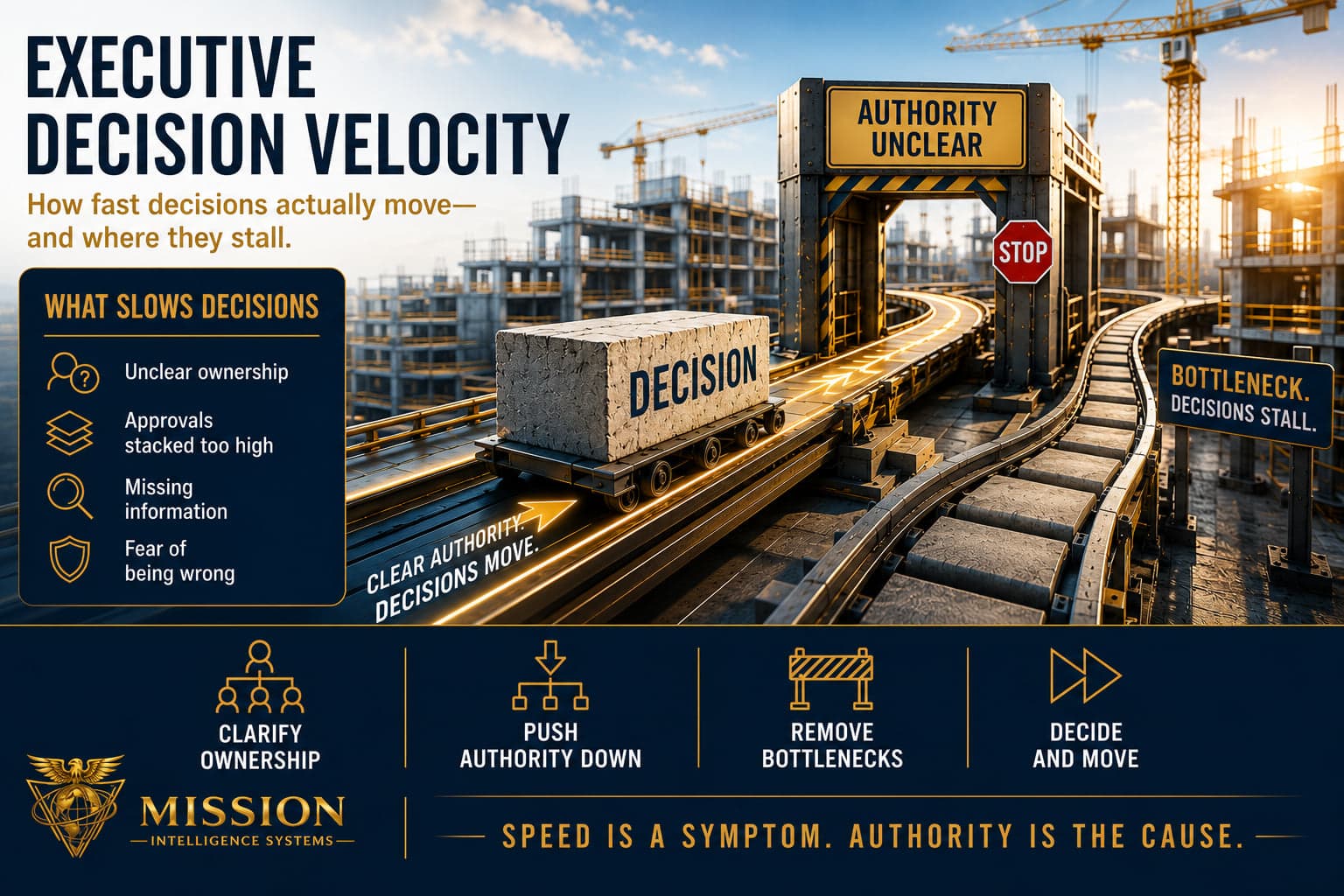 A decision block on a rail cart stalling at an unclear-authority gate on a construction site, illustrating that decision velocity is an authority problem.