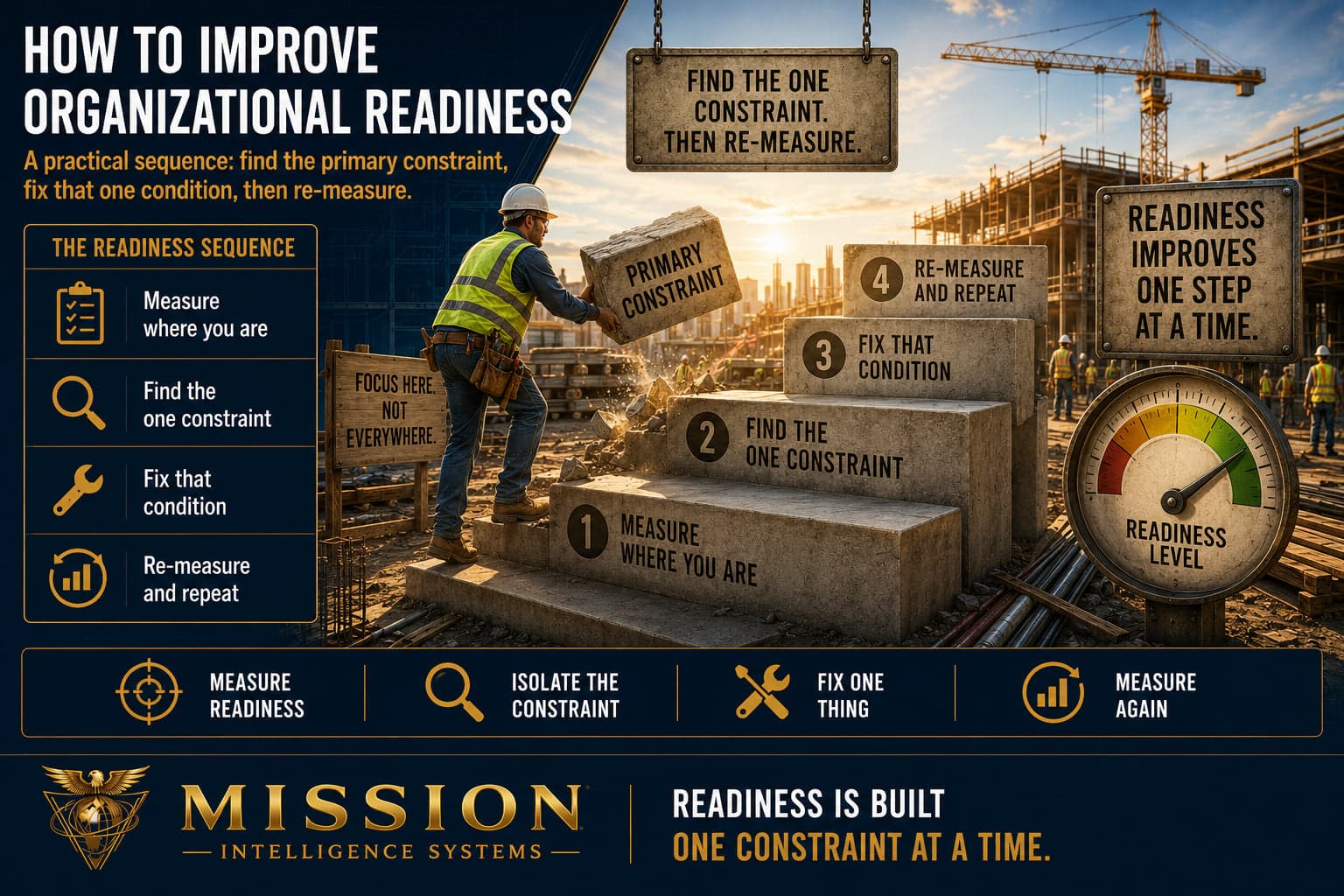 A numbered staircase for building readiness where a builder lifts a single primary-constraint block while a readiness gauge climbs, showing readiness is built one constraint at a time.