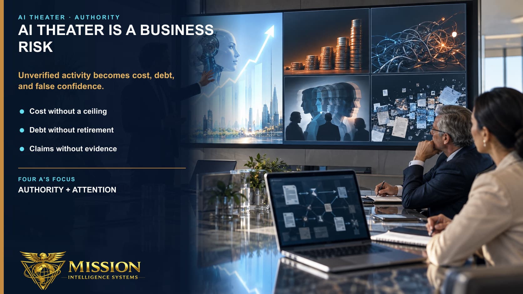 A polished AI presentation projects confidence while cost, technical debt, distorted reporting, and missing evidence grow behind it.