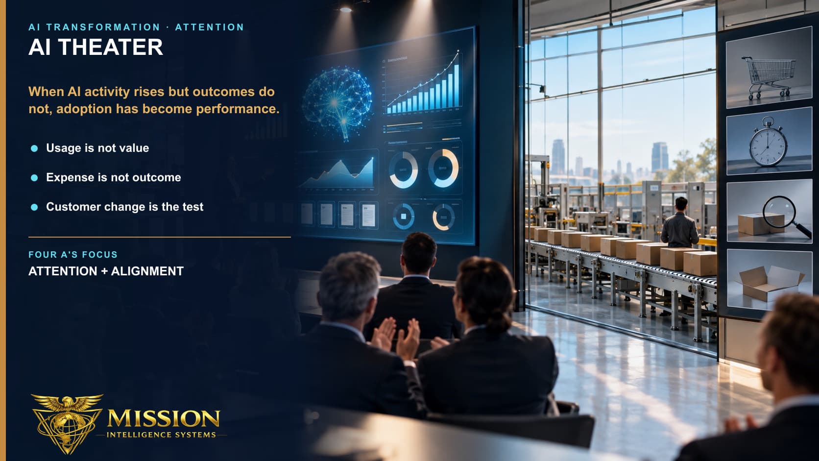 Executives applaud a glowing AI adoption dashboard while the visible operating line and customer outcomes remain unchanged, illustrating activity presented as results.
