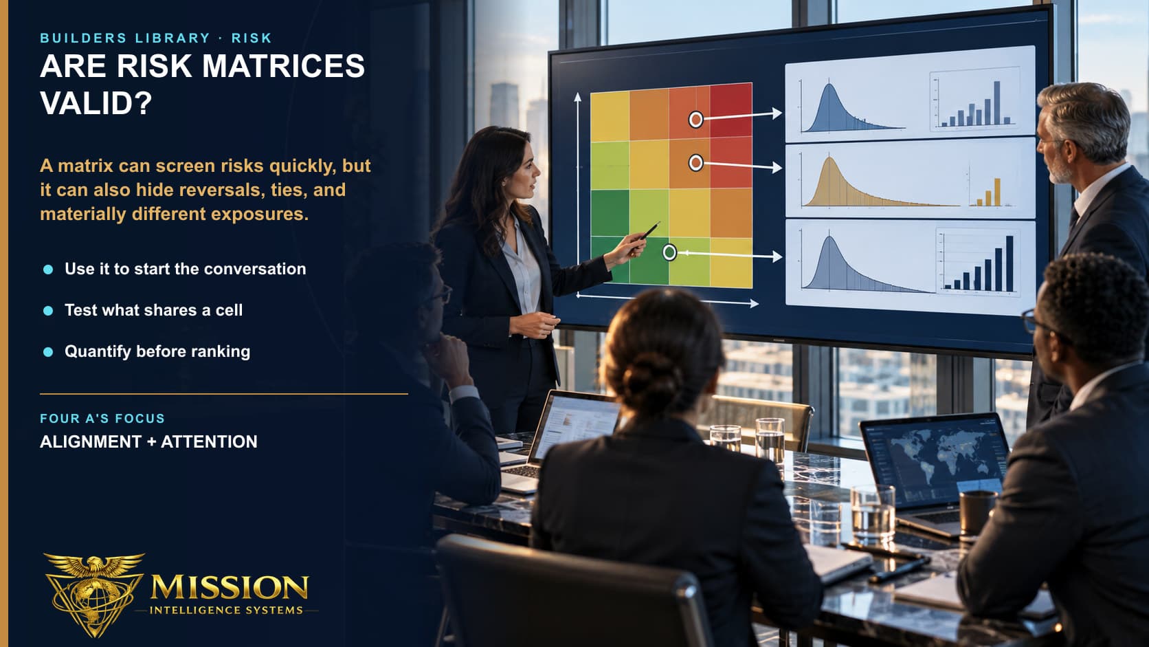 A risk team compares colored matrix cells with the materially different probability and consequence distributions hidden behind them.
