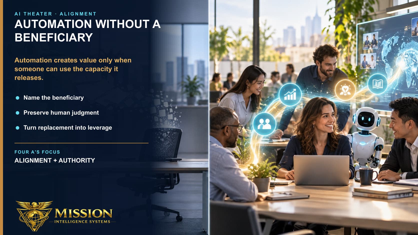 Automation sends released work toward an empty chair while a contrasting team uses it to create more room for judgment and customer value.