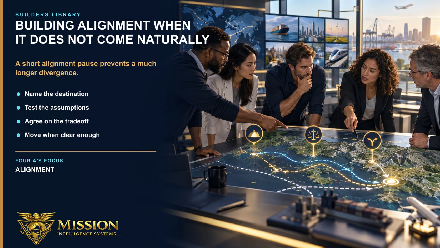 A cross-industry team pauses to reconcile destination, assumptions, and tradeoffs before choosing one shared route.
