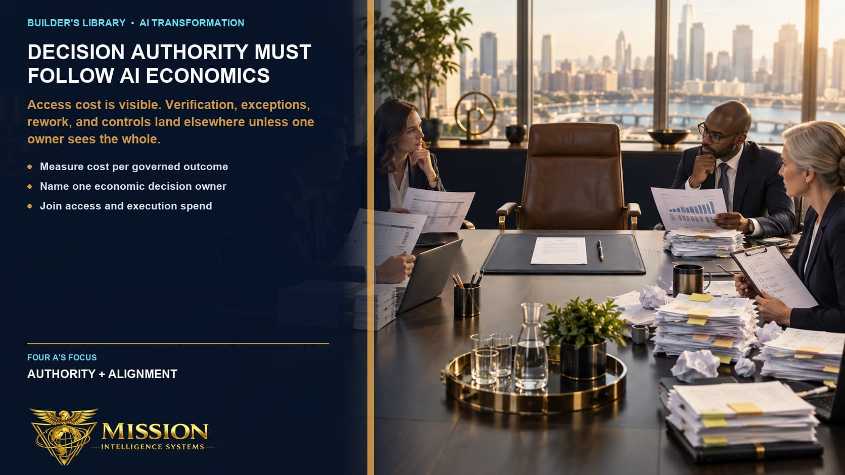 Four functions bring partial cost and operating evidence to a table while the central economic decision owner’s chair remains empty.