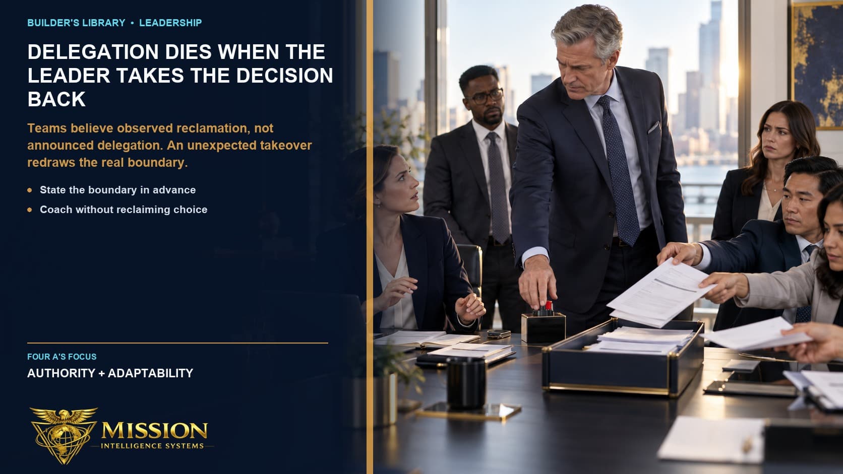 A senior leader reaches across a stated boundary to take back a decision token from the team member who had been delegated the choice.