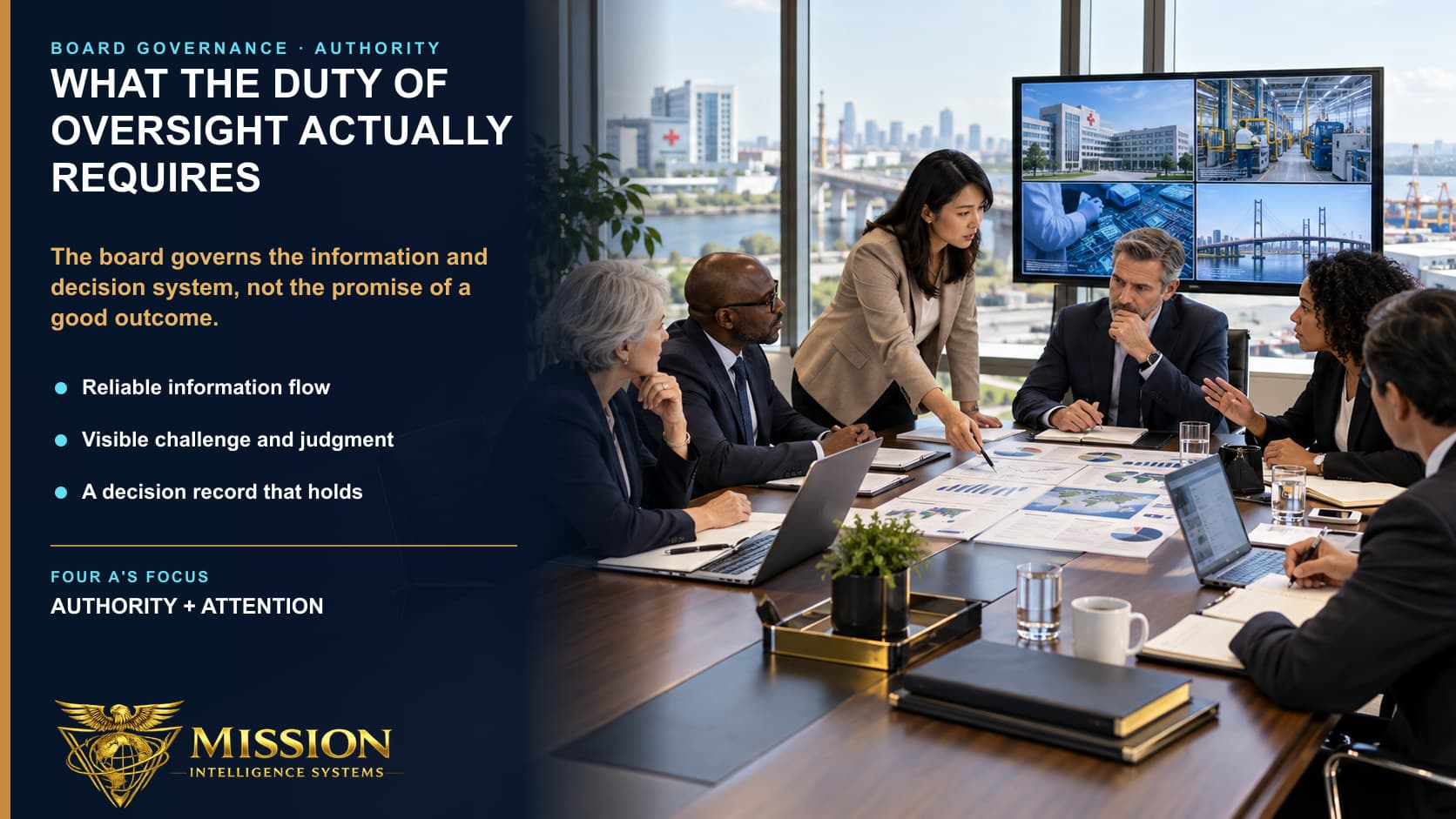 A diverse board examines cross-industry operating evidence and records a consequential decision, illustrating oversight as an information and decision system.