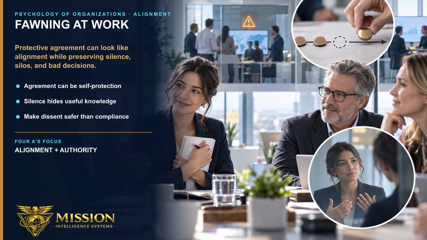 A capable professional smiles and appears to agree while holding back an important concern, allowing a decision to move forward with a missing piece.