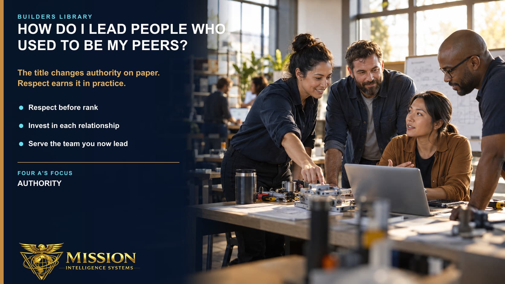 A newly promoted leader works shoulder to shoulder with former peers and makes space for a colleague to lead the next decision.